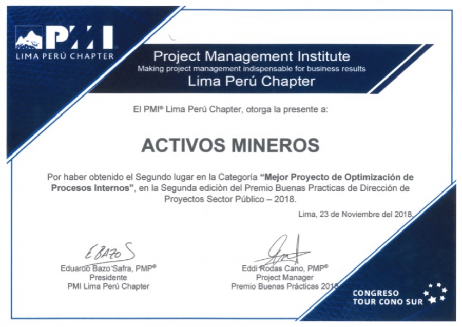 Activos Mineros destacó en concurso “Premio a las buenas prácticas en dirección de proyectos del sector público”